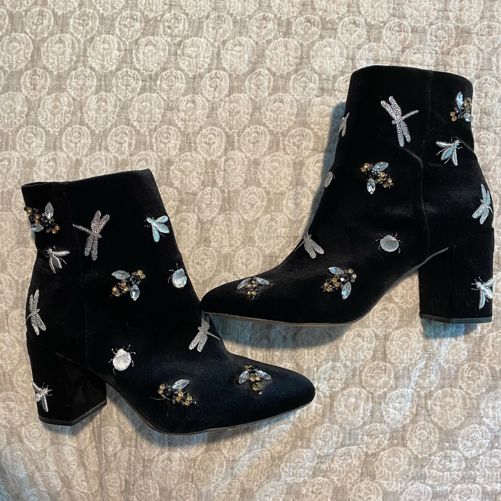 IINC black velvet bejeweled booties